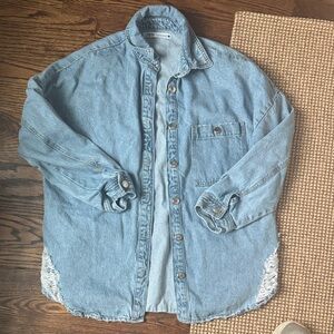 Zara Light Blue Denim Shirt with Distressed Hem